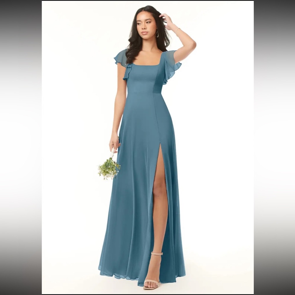 Azazie Blue Square-Neck Maxi Dress with Flutter Sleeves and High Slit